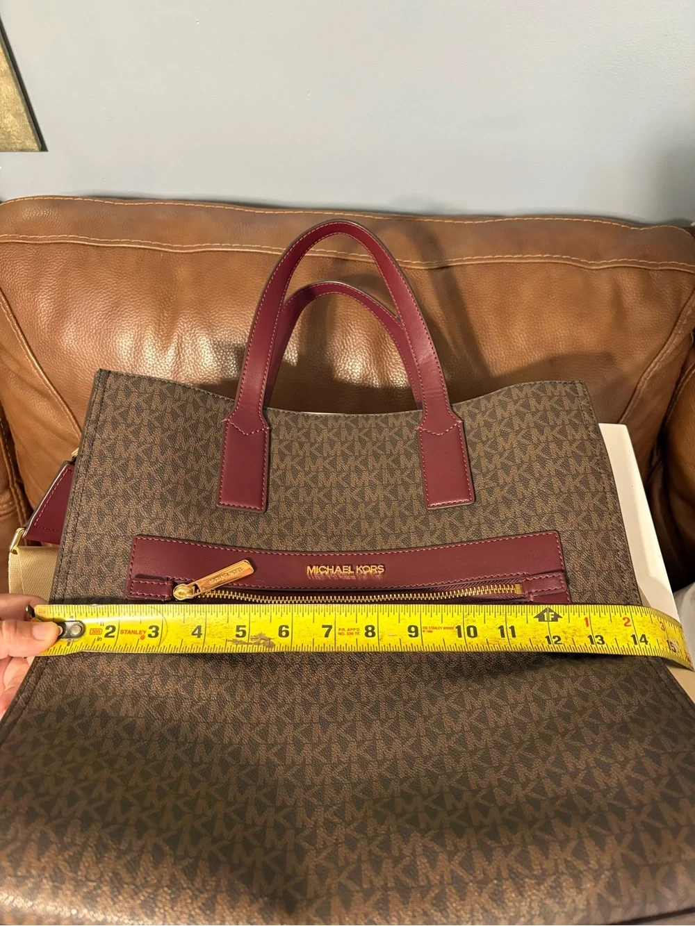 Michael Kors Brown MK Logo Tote with Burgundy Leather Trim